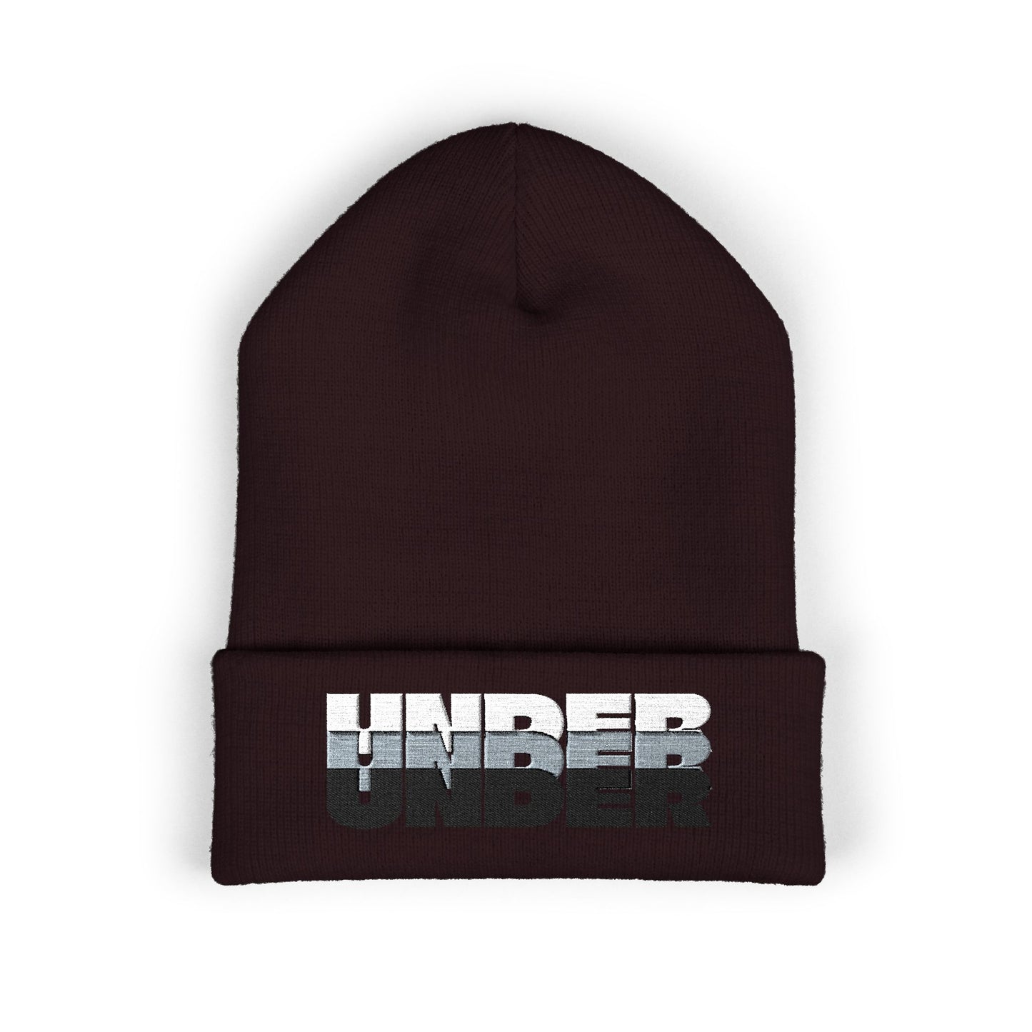 'under' bold font embroidered beanie - unisex cuffed stretch toque