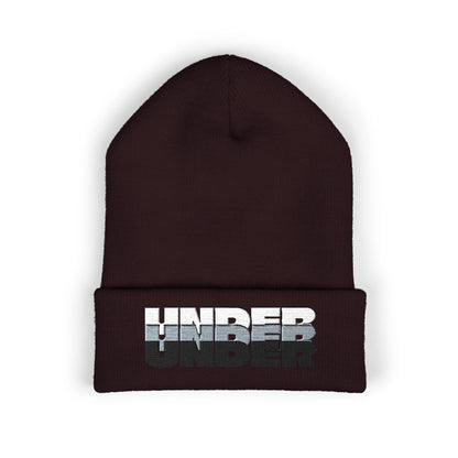 'under' bold font embroidered beanie - unisex cuffed stretch toque