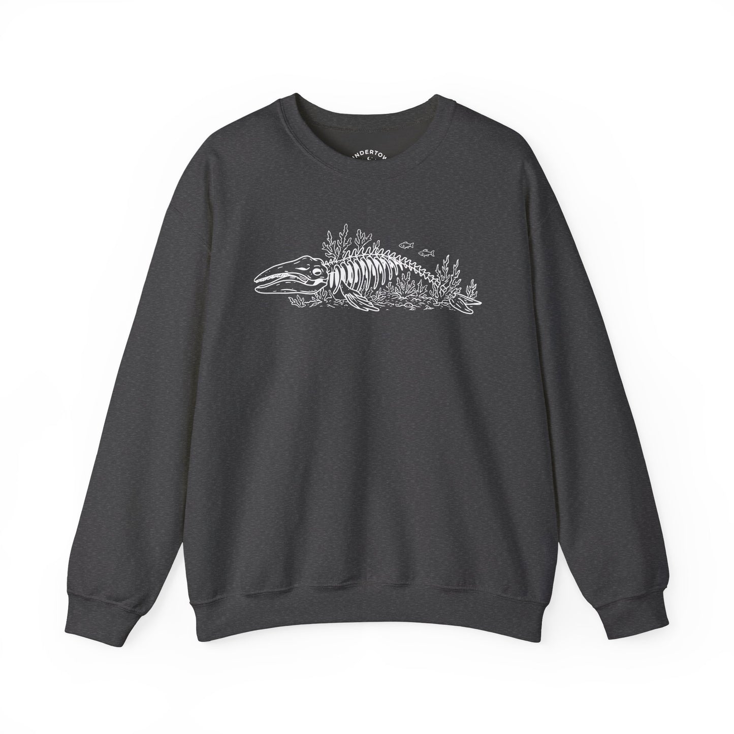something still blooms here - whale skeleton and coral crewneck sweater