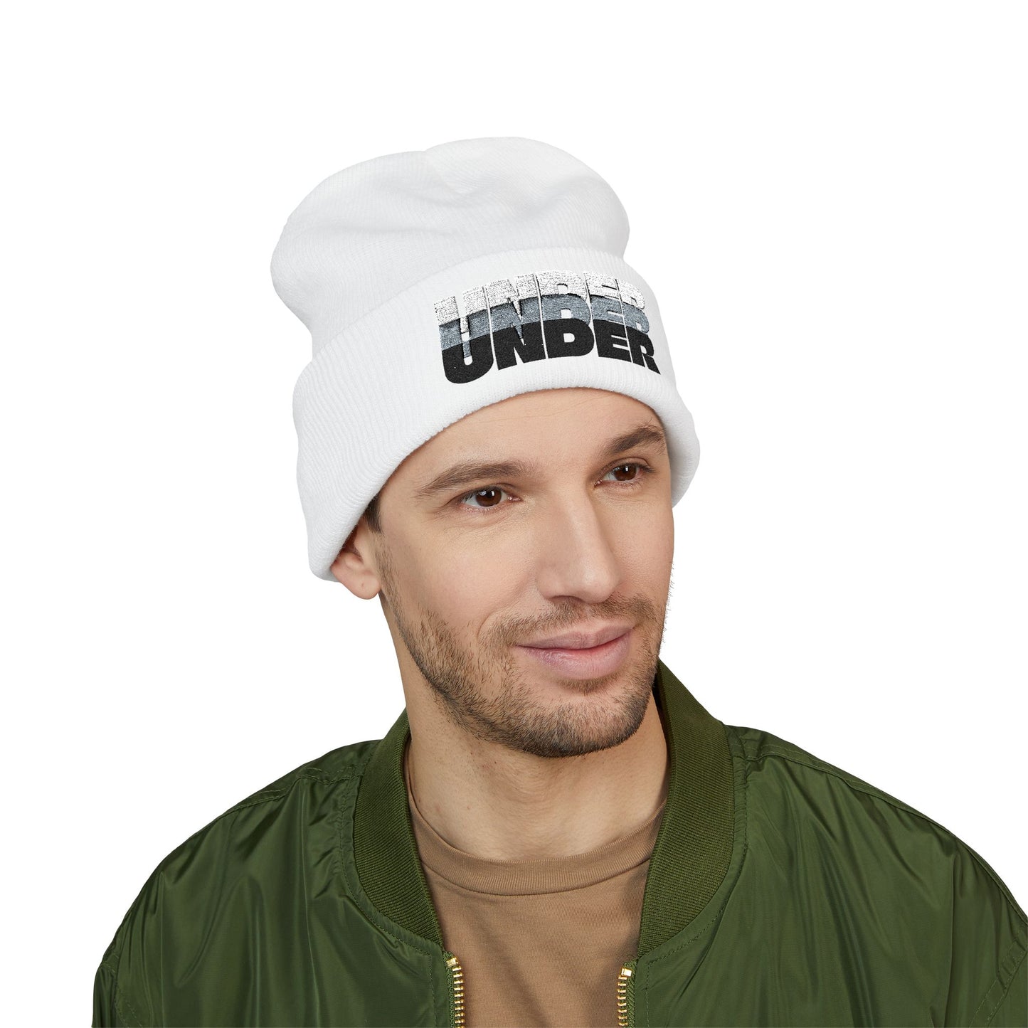 'under' bold font embroidered beanie - unisex cuffed stretch toque