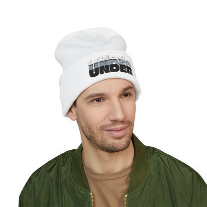 'under' bold font embroidered beanie - unisex cuffed stretch toque
