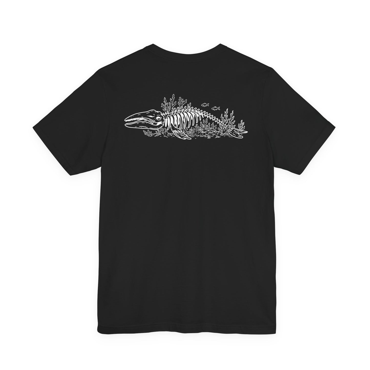 something still blooms here - whale skeleton and coral graphic t-shirt