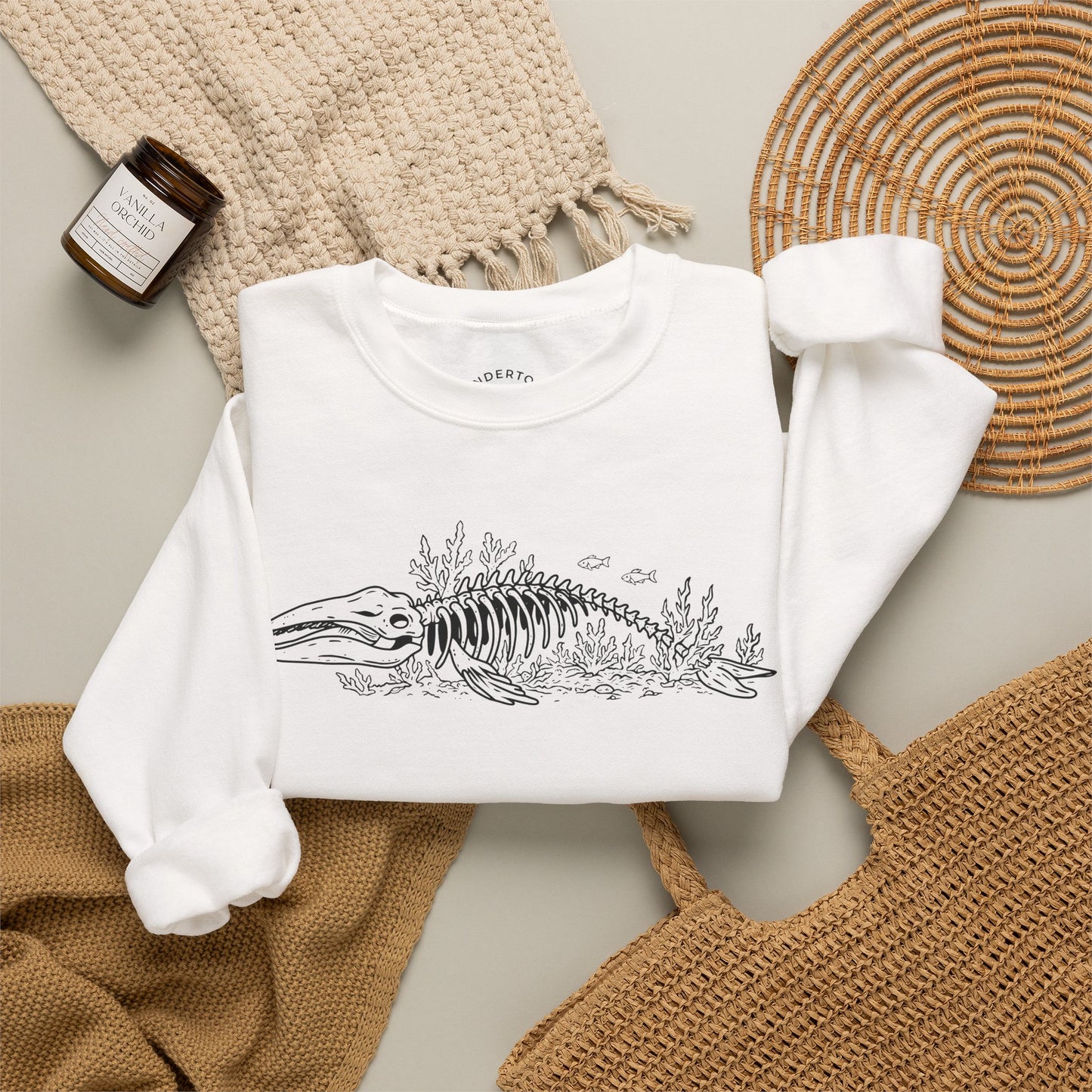 something still blooms here - whale skeleton and coral crewneck sweater