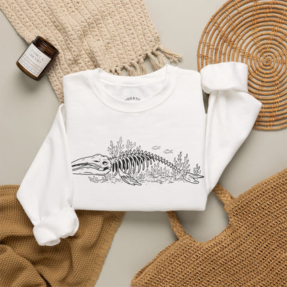something still blooms here - whale skeleton and coral crewneck sweater