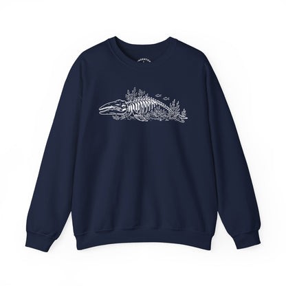 something still blooms here - whale skeleton and coral crewneck sweater