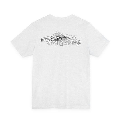something still blooms here - whale skeleton and coral graphic t-shirt