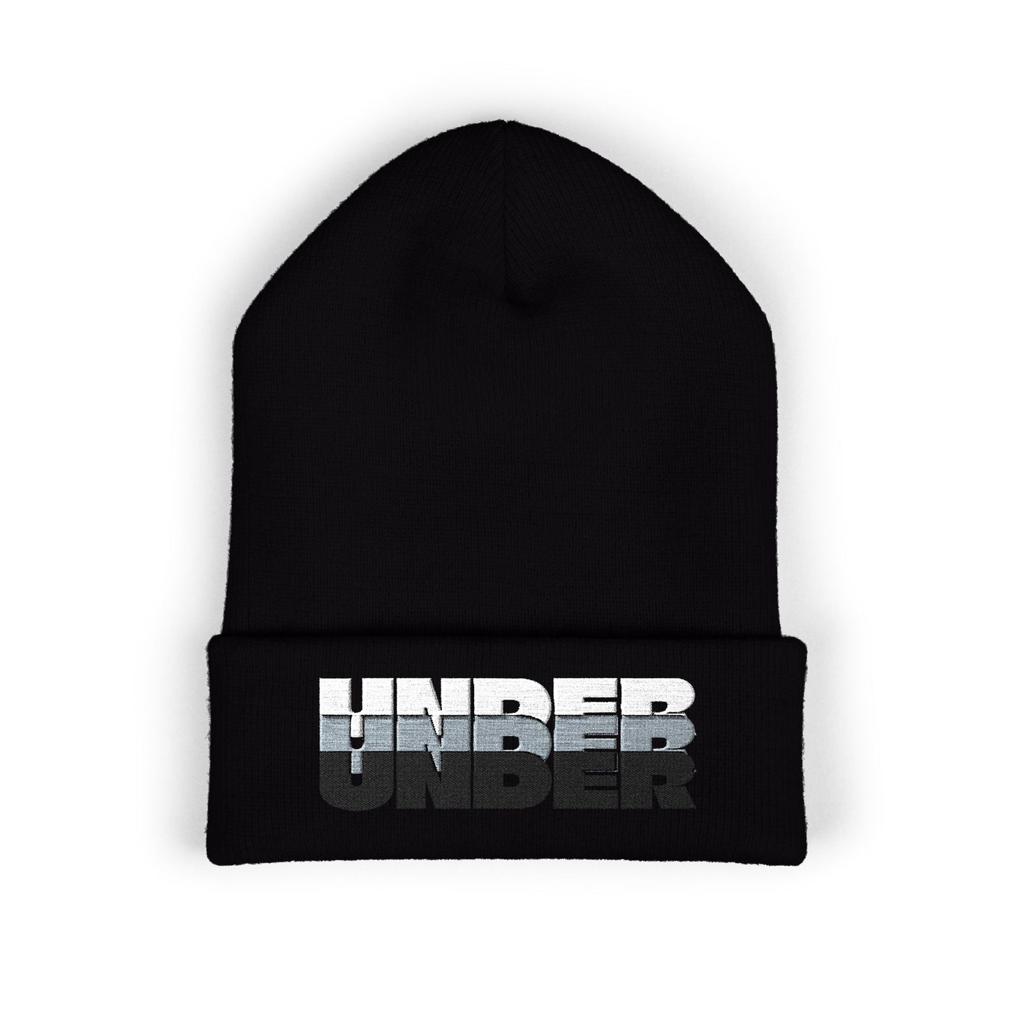 'under' bold font embroidered beanie - unisex cuffed stretch toque