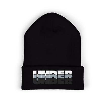 'under' bold font embroidered beanie - unisex cuffed stretch toque