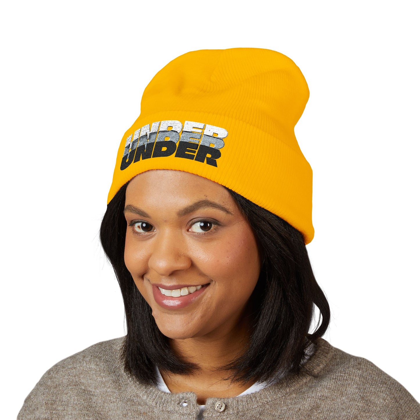 'under' bold font embroidered beanie - unisex cuffed stretch toque