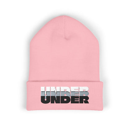 'under' bold font embroidered beanie - unisex cuffed stretch toque