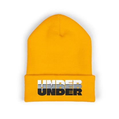 'under' bold font embroidered beanie - unisex cuffed stretch toque