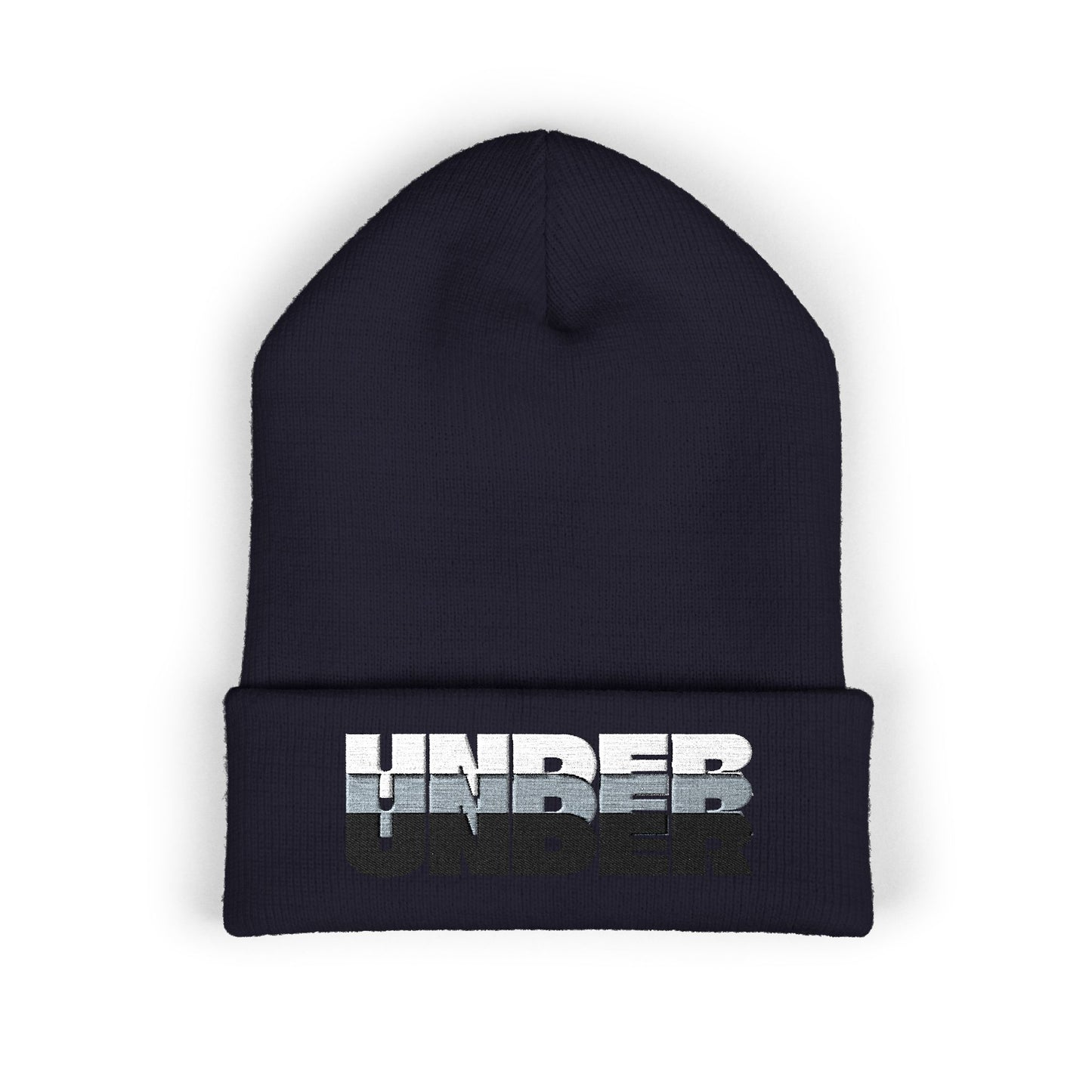 'under' bold font embroidered beanie - unisex cuffed stretch toque