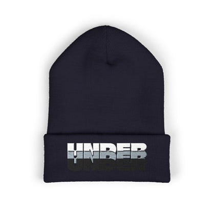 'under' bold font embroidered beanie - unisex cuffed stretch toque