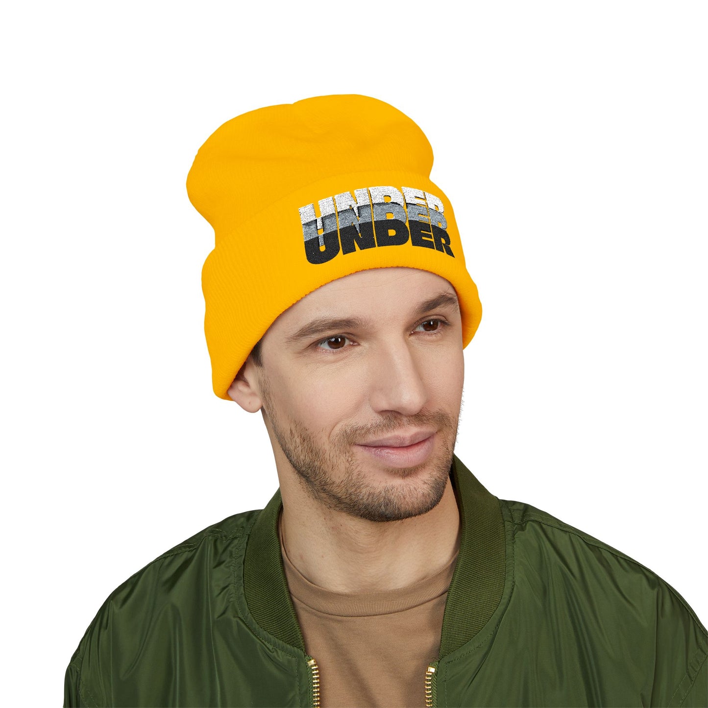'under' bold font embroidered beanie - unisex cuffed stretch toque