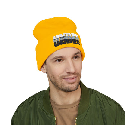 'under' bold font embroidered beanie - unisex cuffed stretch toque