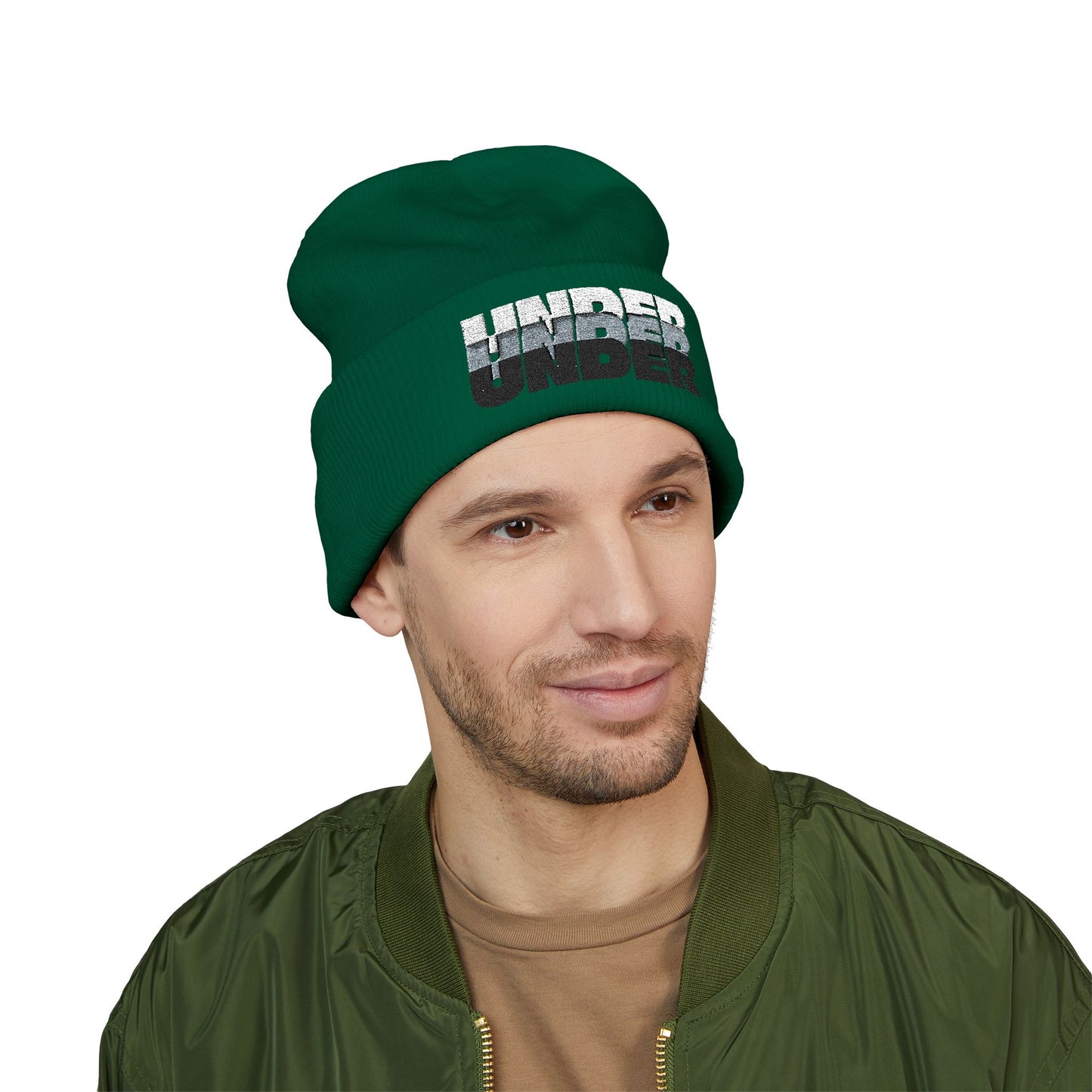 'under' bold font embroidered beanie - unisex cuffed stretch toque