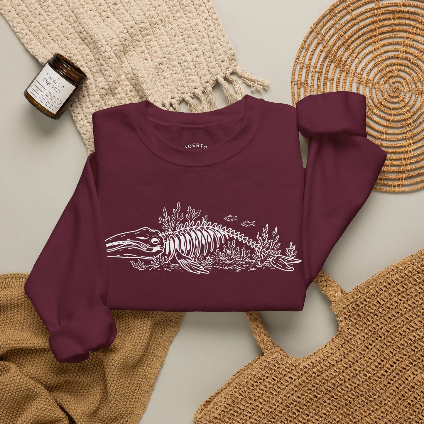 something still blooms here - whale skeleton and coral crewneck sweater
