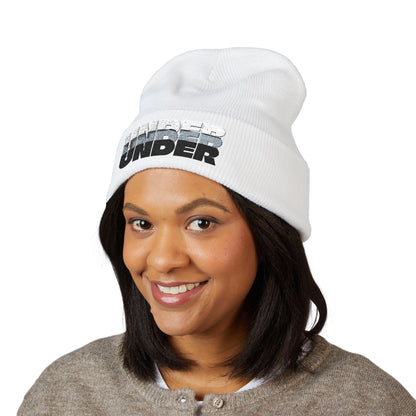 'under' bold font embroidered beanie - unisex cuffed stretch toque
