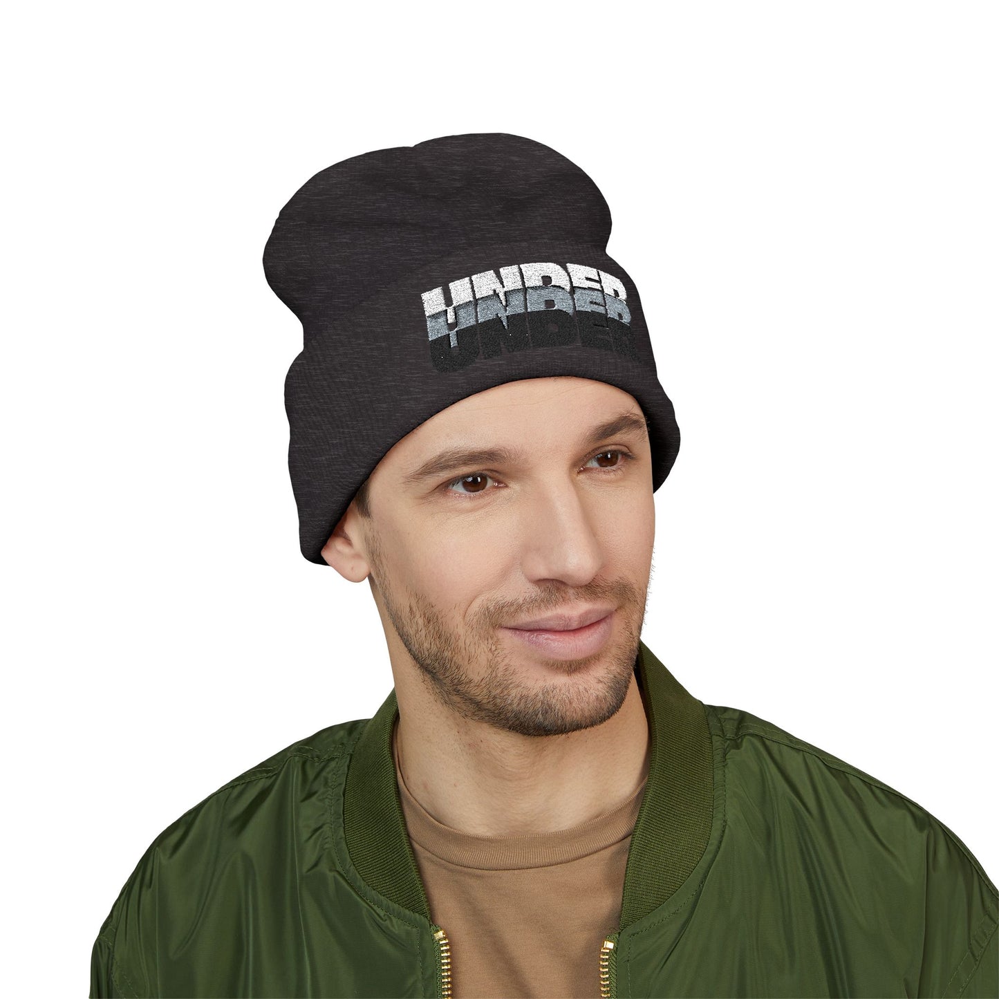 'under' bold font embroidered beanie - unisex cuffed stretch toque