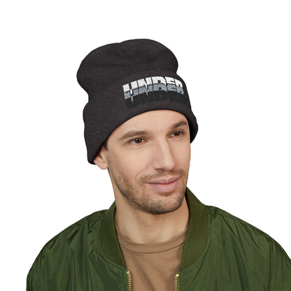 'under' bold font embroidered beanie - unisex cuffed stretch toque