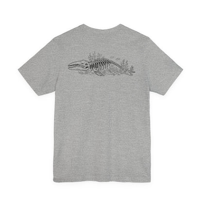 something still blooms here - whale skeleton and coral graphic t-shirt
