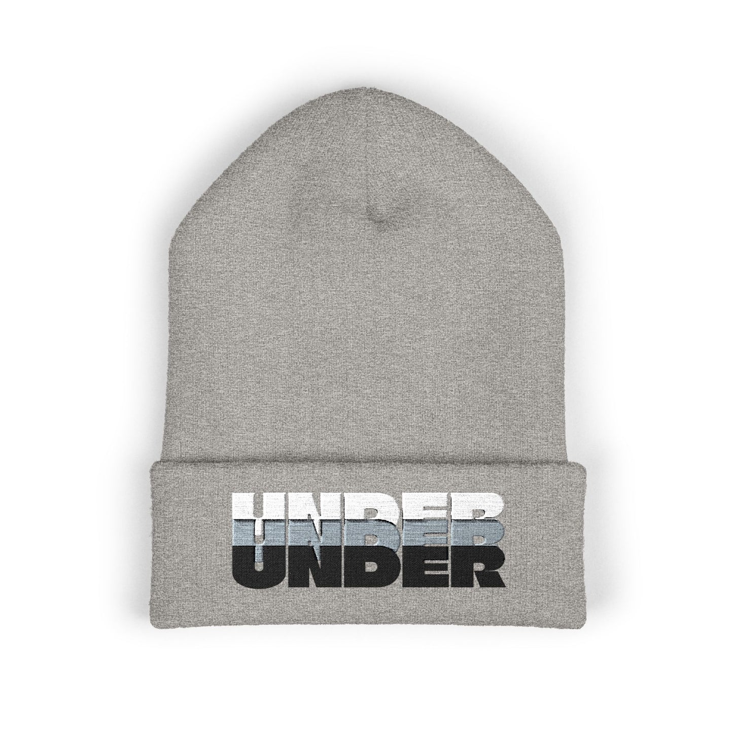 'under' bold font embroidered beanie - unisex cuffed stretch toque
