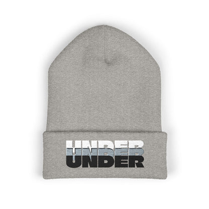 'under' bold font embroidered beanie - unisex cuffed stretch toque