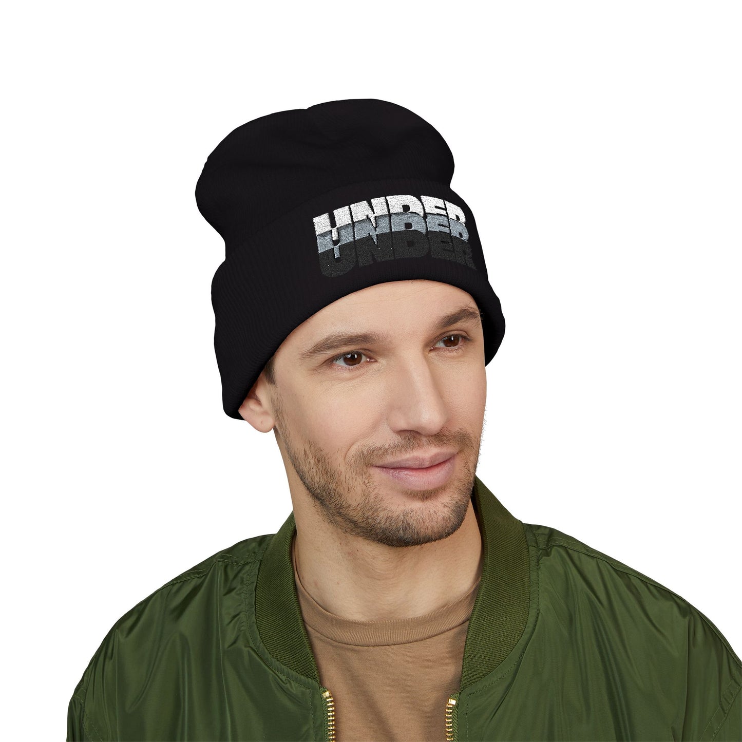 'under' bold font embroidered beanie - unisex cuffed stretch toque