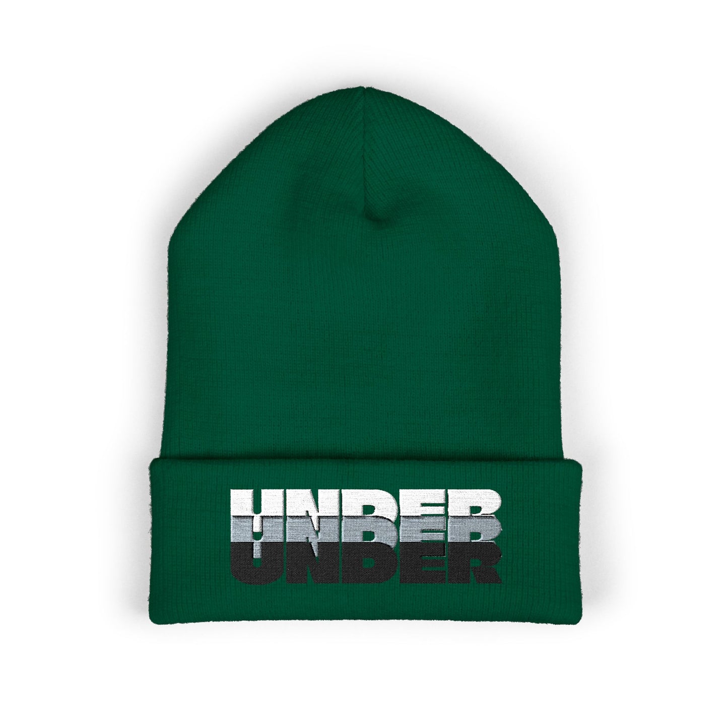 'under' bold font embroidered beanie - unisex cuffed stretch toque