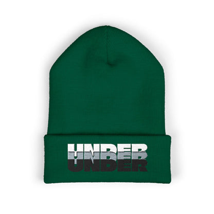 'under' bold font embroidered beanie - unisex cuffed stretch toque