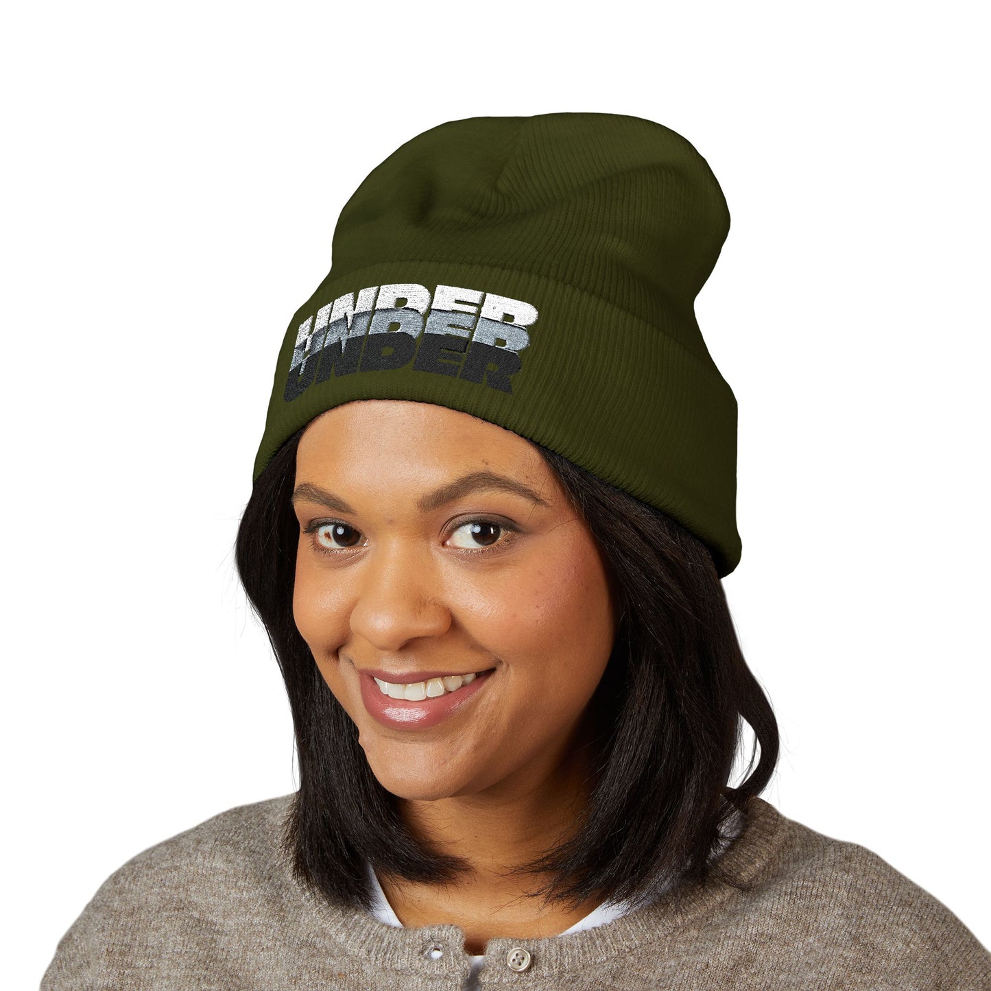 'under' bold font embroidered beanie - unisex cuffed stretch toque