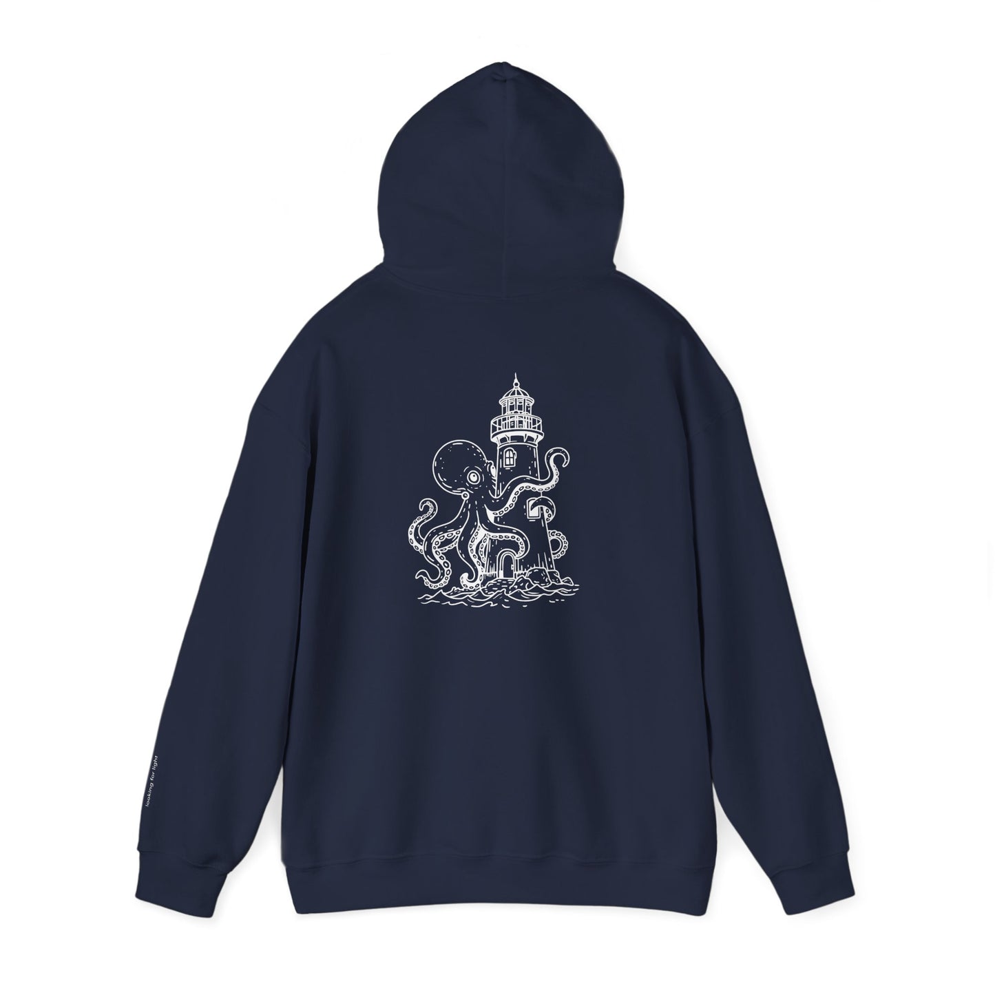 looking for light - octopus and lighthouse graphic hoodie