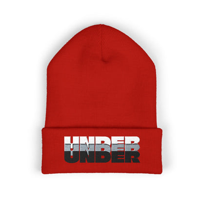 'under' bold font embroidered beanie - unisex cuffed stretch toque