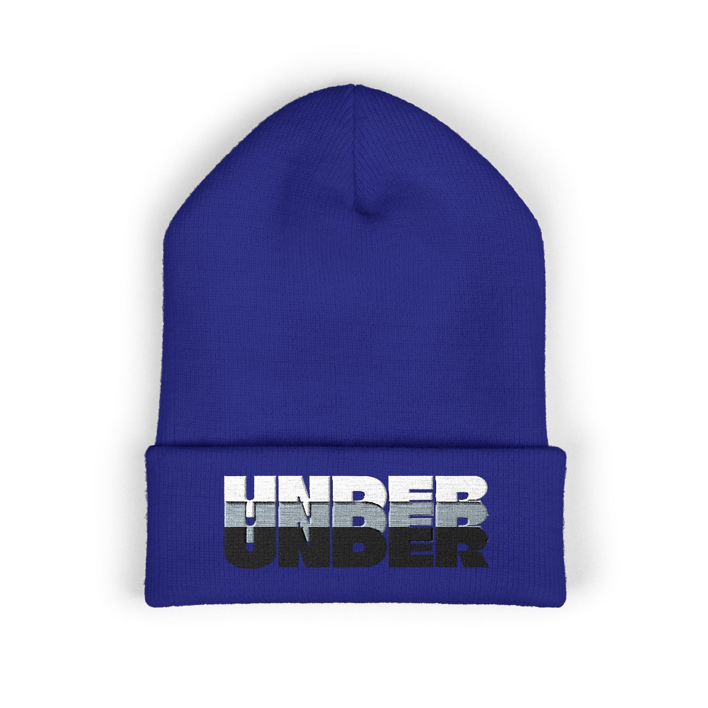 'under' bold font embroidered beanie - unisex cuffed stretch toque