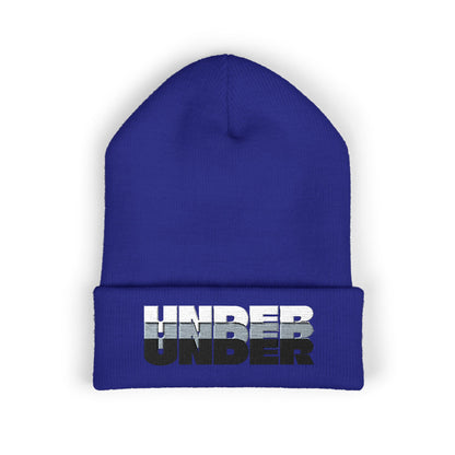 'under' bold font embroidered beanie - unisex cuffed stretch toque