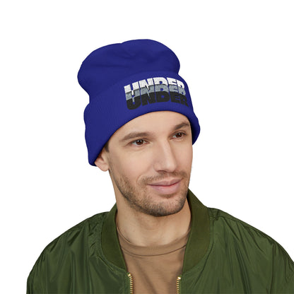'under' bold font embroidered beanie - unisex cuffed stretch toque