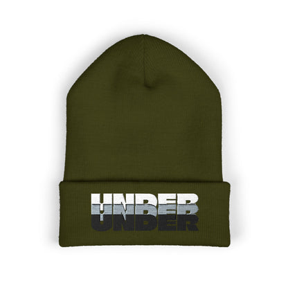 'under' bold font embroidered beanie - unisex cuffed stretch toque