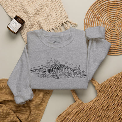 something still blooms here - whale skeleton and coral crewneck sweater