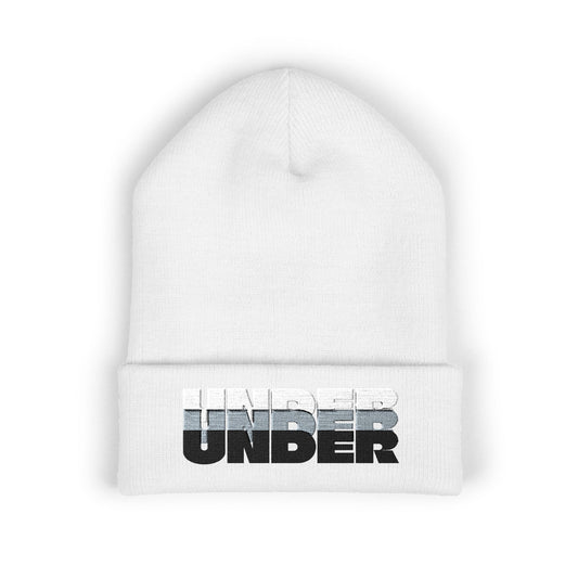 'under' bold font embroidered beanie - unisex cuffed stretch toque