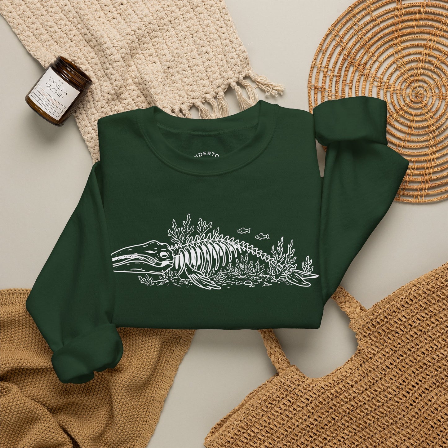 something still blooms here - whale skeleton and coral crewneck sweater