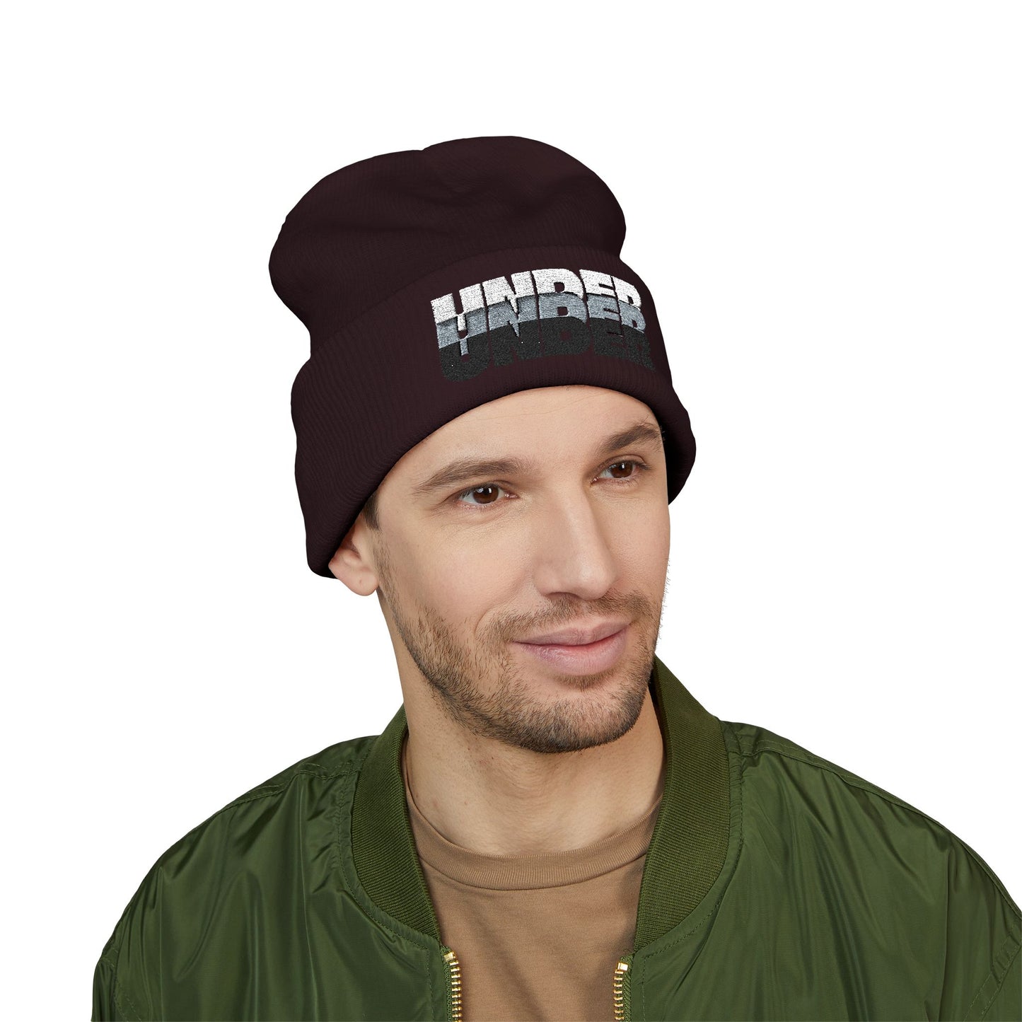 'under' bold font embroidered beanie - unisex cuffed stretch toque