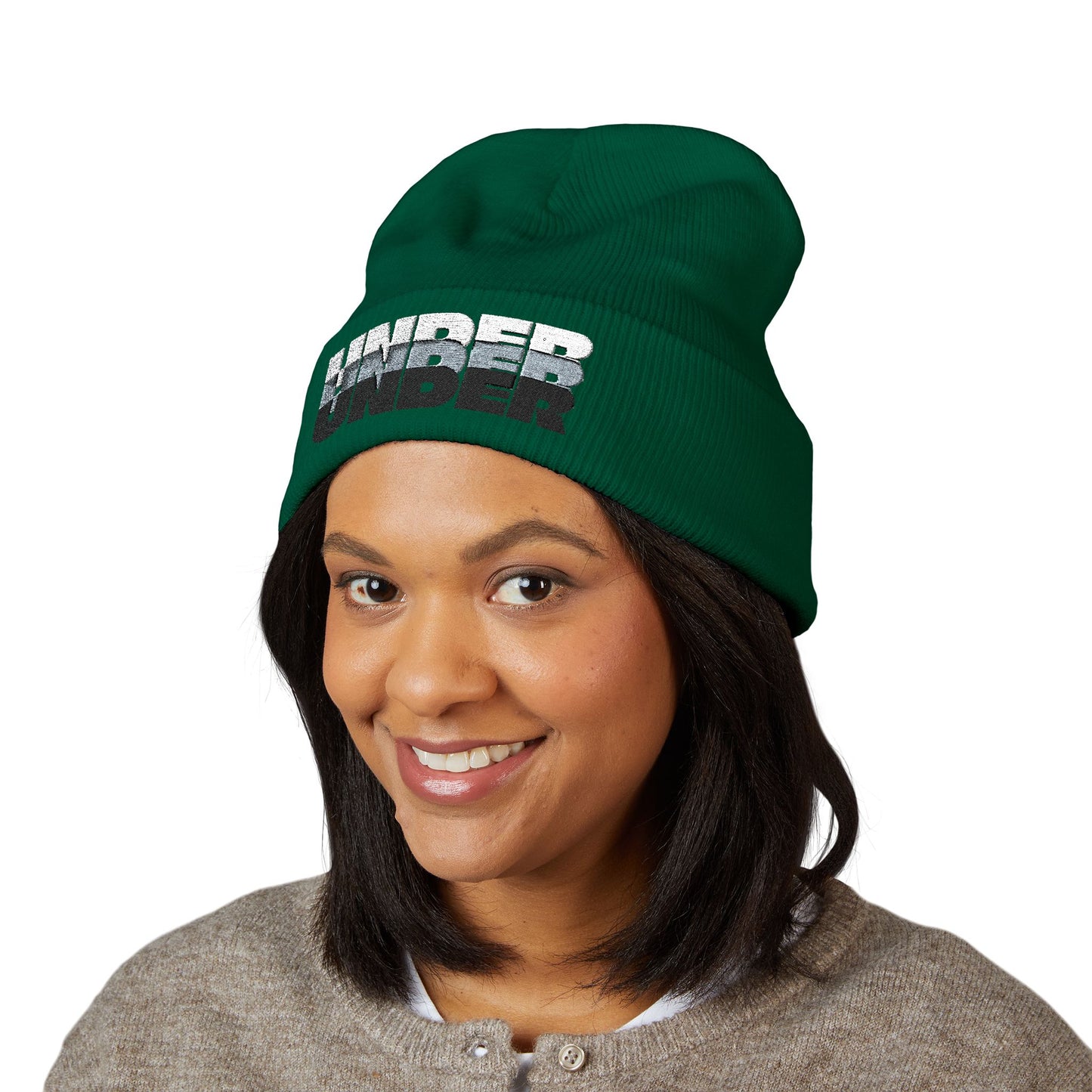 'under' bold font embroidered beanie - unisex cuffed stretch toque