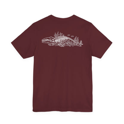 something still blooms here - whale skeleton and coral graphic t-shirt
