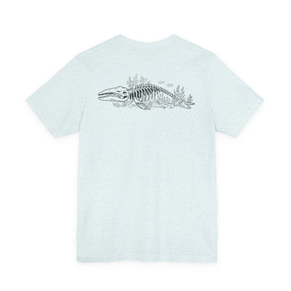 something still blooms here - whale skeleton and coral graphic t-shirt