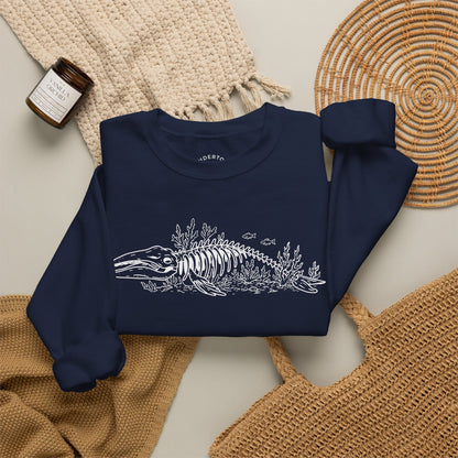 something still blooms here - whale skeleton and coral crewneck sweater