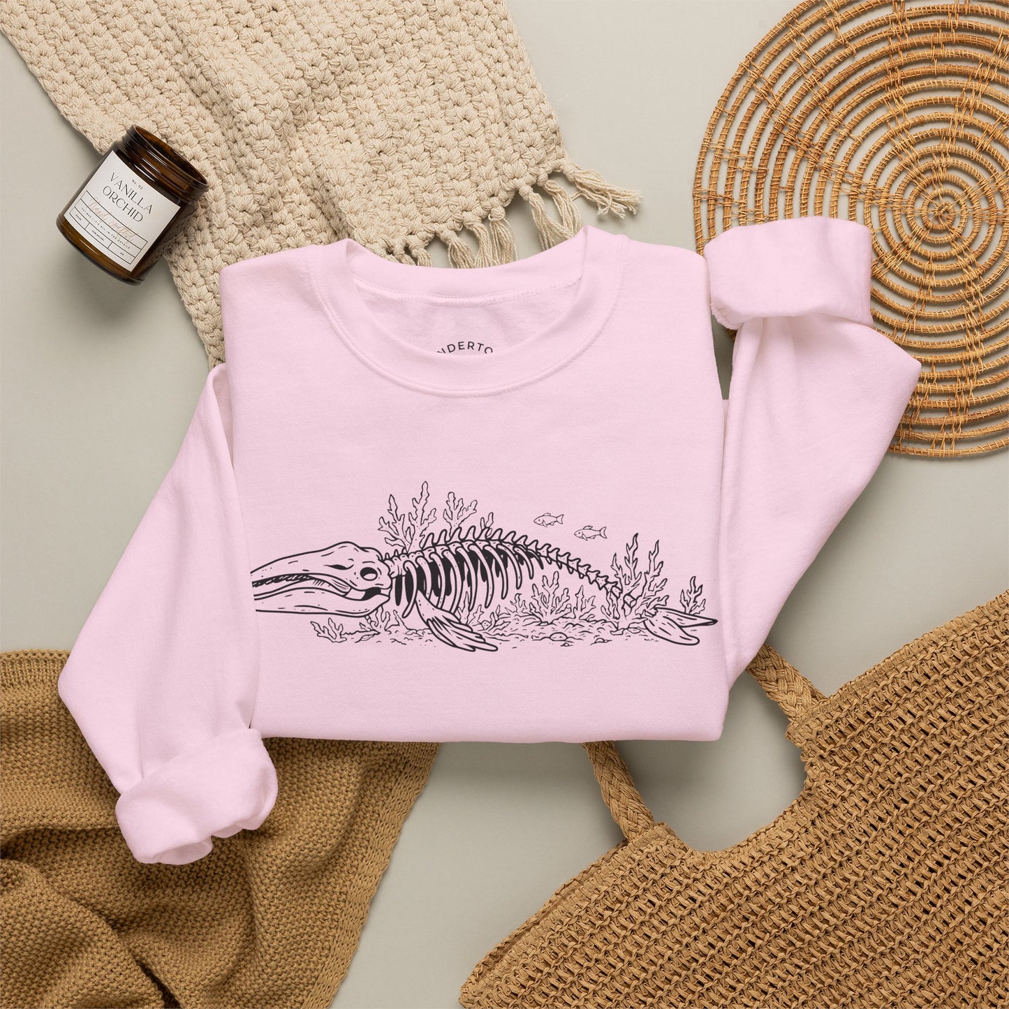 something still blooms here - whale skeleton and coral crewneck sweater