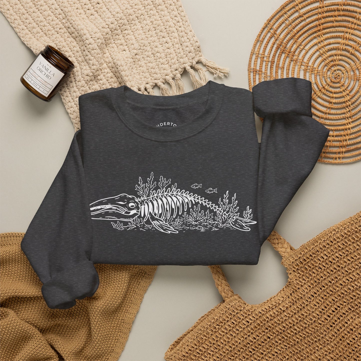 something still blooms here - whale skeleton and coral crewneck sweater