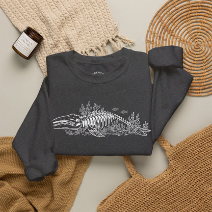 something still blooms here - whale skeleton and coral crewneck sweater