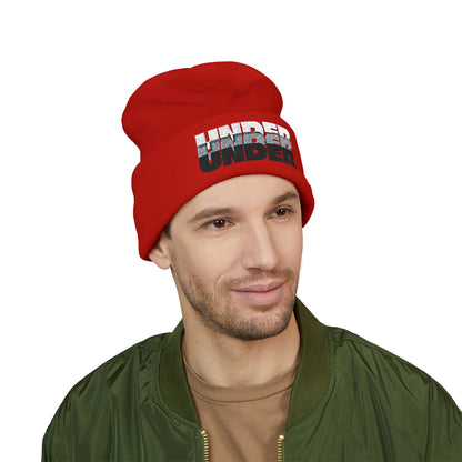 'under' bold font embroidered beanie - unisex cuffed stretch toque