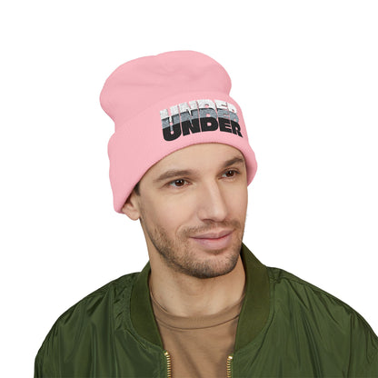 'under' bold font embroidered beanie - unisex cuffed stretch toque